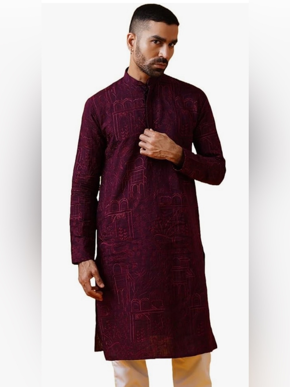Men’s Cotton Silk Thread Embroidered Long Kurta